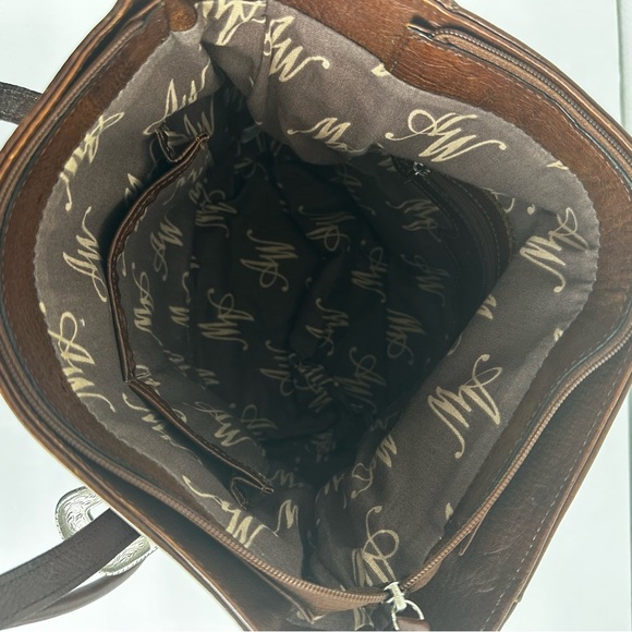 American West Desert Flower Zip Top Tote Tan Brown And Turquoise - Picture 6 of 7